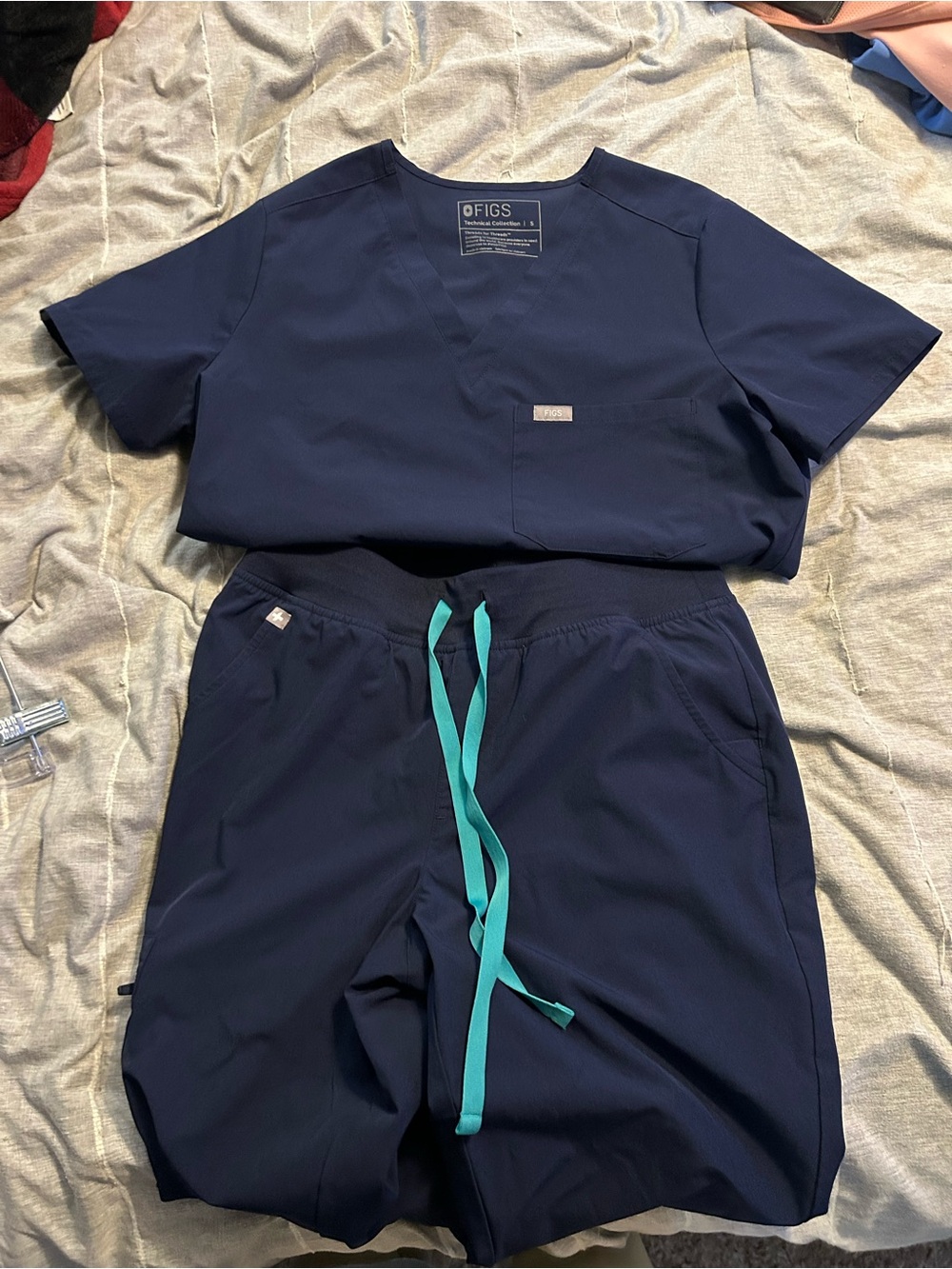 Figs Navy Scrub Set with Teal Drawstring Accents